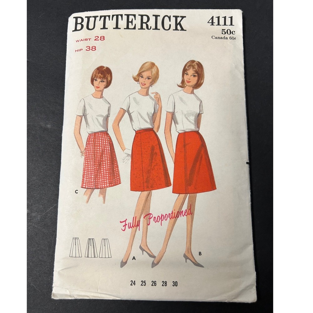 Vintage 1960s Butterick 4111 Skirt Sewing Pattern Women's Waist 28 A-Line Gored
